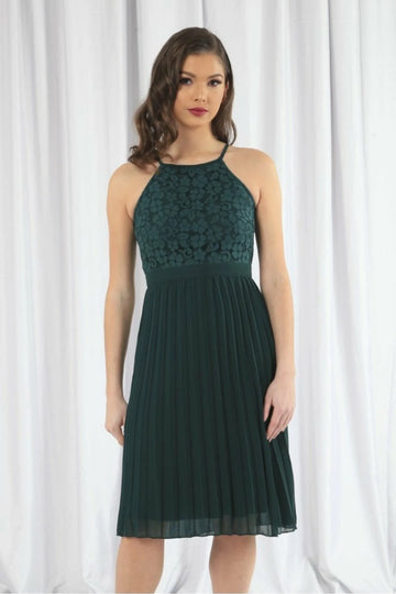Green Halter Neck Pleated Lace Dress Double Second